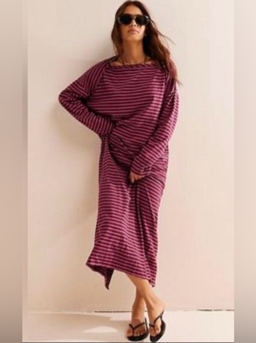 Free People Free-est Tivoli Magenta Striped Boho Knit Pocket Oversized Maxi